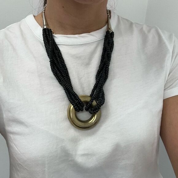 Mix Metal & Black Bead Vintage 80's Chunky Statement Necklace 22" - Picture 4 of 9